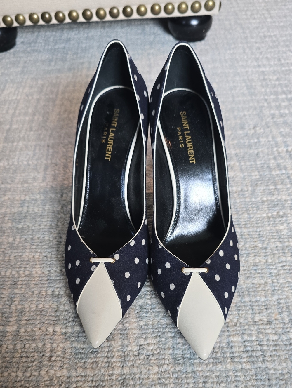 Saint Laurent Navy Polka Dot Pointed Pumps with Cream Toe Cap